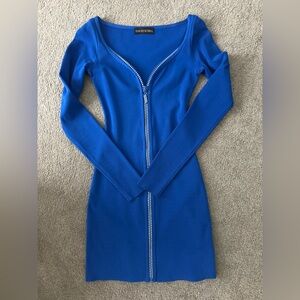 David Koma Cobalt Blue Long-Sleeve Crystal Zip Front Bodycon Dress